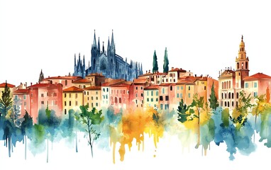Obraz premium Vibrant handdrawn watercolor illustrations of European cities, showcasing cultural icons like the Milan Cathedral and the Spanish Steps, in a modern urban travel collection