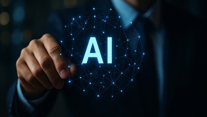 Businessman Touching Digital AI Interface with Futuristic Design, Generated AI