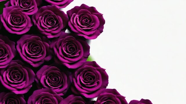 Purple roses arranged in a corner design on a white background, perfect for a greeting card or floral display