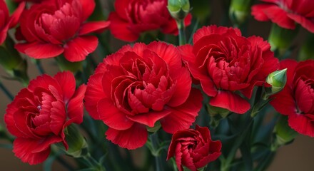 Close-up of Beautiful Red Carnation Flowers Blooming with Green Buds