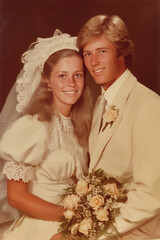 vintage wedding portrait color film photo of young bride and groom from 1970s