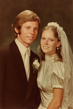 vintage wedding portrait color film photo of bride and groom from 1970s