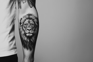 realistic lion tattoo on men's forearm, black and gray ink