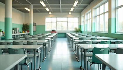 Modern school cafeteria with neatly arranged tables and chairs, illuminated by daylight through large windows, clean and structured environment.