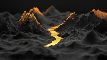 Futuristic Digital Landscape with Glowing Mountains and Paths, Generated AI