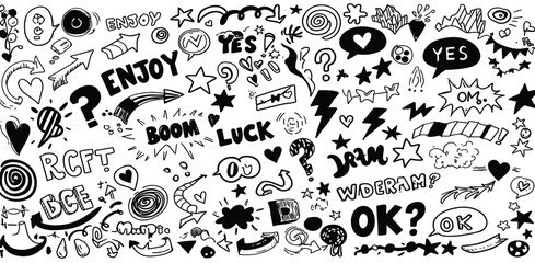 Fototapeta premium Cute line sketch star, arrow, cloud decoration element icon set. Hand drawn sketch doodle cute star, heart, flower element. 