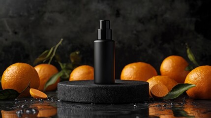 Luxurious Black Cosmetic Bottle Surrounded By Fresh Oranges On Dark Background, Generated AI
