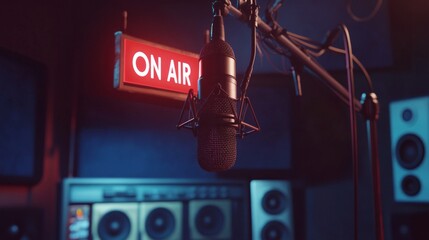 Professional Radio Studio Microphone With On Air Sign, Creative Broadcasting, Generated AI