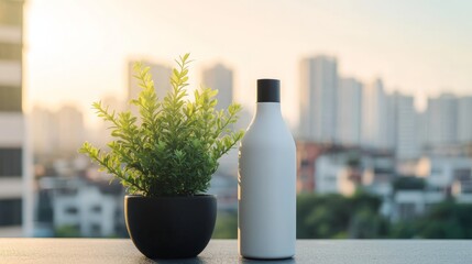 Houseplant And Modern Bottle On Urban Balcony With City View, Generated AI
