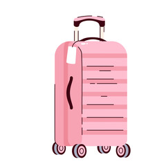 Pink cartoon suitcase with handle and wheels. Rectangular case box with blank tag of airport or hotel. Luggage, valise mascot, cartoon cute girly suitcase for travel vector illustration
