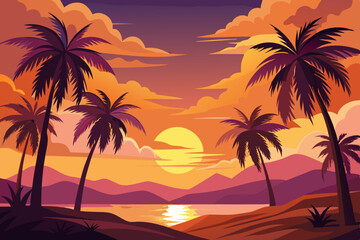 "Tropical Sunset with Palm Trees Vector Art – Vibrant Beach Landscape Illustration"