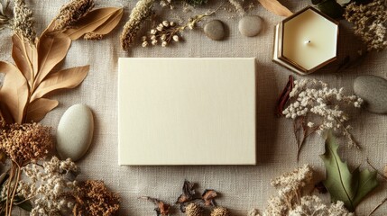 Elegant Autumn Flat Lay Composition With Canvas And Candle, Generated AI