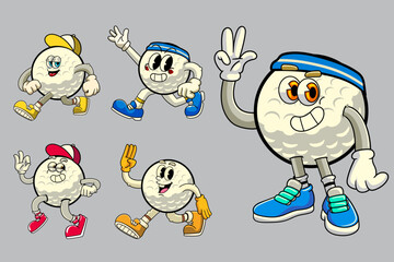 Set of Golf Ball Sports mascot cartoon character in Vintage Style