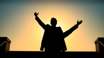 Fototapeta premium Silhouette of businessman celebrating raising arms on the top stairs with over Generative AI