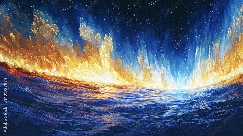 Poster serene wave in the ocean capturing infinite cascading photons and ethereal energy fields creating a 
