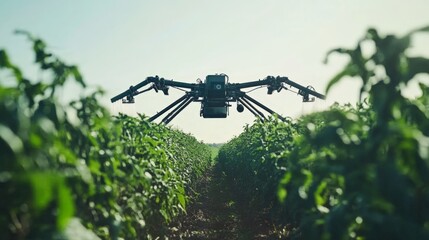 Futuristic Agricultural Drone Hovering Over Lush Green Crop Field, Generated AI