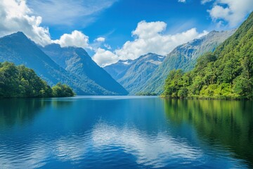 Fototapeta premium Majestic alpine lake framed by vibrant greenery and towering mountains in peaceful natural environment