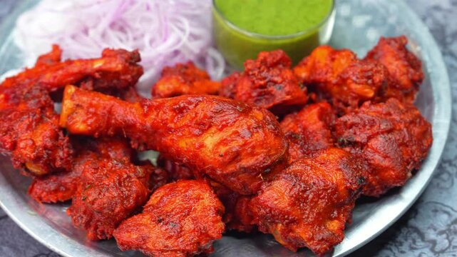 Crispy, juicy Fried Chicken / Tandoori Chicken &ndash; A famous Indian cuisine, known for its smoky, spiced flavor. A popular restaurant and street food, loved worldwide for its rich taste and vibrant color