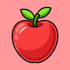Vibrant Red Apple Cartoon with Green Leaves on Pink Background
