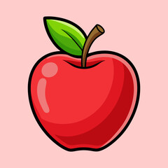 Cartoon Red Apple with Green Leaf on a Light Pink Background