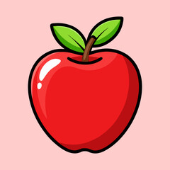 Cartoon red apple with green leaves and a light pink background