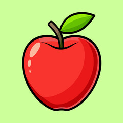 A charming cartoon illustration of a bright red apple with a leaf