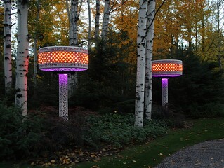 Illuminated outdoor lights are mounted in a serene autumn forest setting
