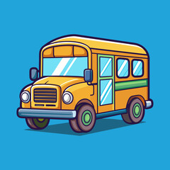 Cartoon illustration of a yellow school bus against a bright blue background