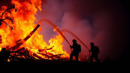 Silhouette of Firemen fighting a raging fire with huge flames of burning timber Generative AI