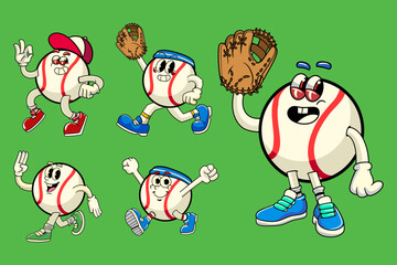 Set of Baseball Sports mascot cartoon character in Vintage Style