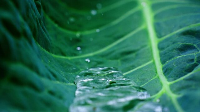 Water stream flowing on a green leaf, creating small splashes and droplets, showcasing the beauty of nature and the interaction between water and plant life