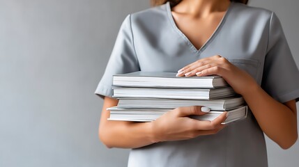 Woman in Gray Scrubs Holding Stack of Books in Modern Indoor Setting with Soft Lighting