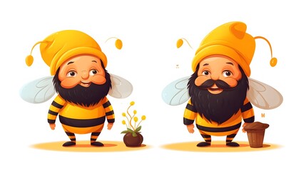 Cheerful vector cartoon gnomes in quirky yellow and black bee suits illustration