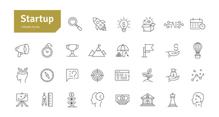 Startup Line Icons Set. Funding, Planning, Strategy, Launch, Marketing, Growth, Ideas, Technology, Creativity Icons Editable Stroke Vector Illustration