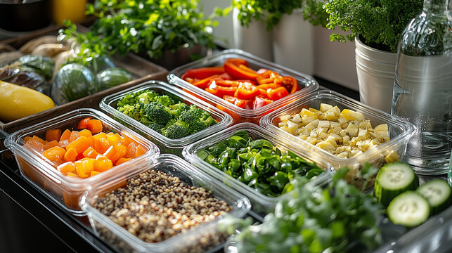 Glass containers on a kitchen counter filled with chopped vegetables, grains, and greens, organized for meal prep under natural light.