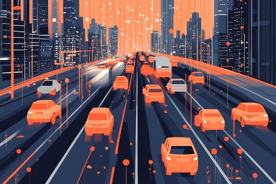 2d vector of smart city initiative with IoT sensors traffic optimization algorithms and citizen feedback portals