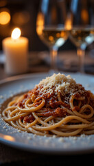 Warm candlelight illuminates delicious spaghetti dinner. AI Generated