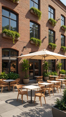 Fototapeta premium Warm sunlight bathes inviting patio tables nestled beside a brick building.. AI Generated