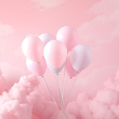 Colorful balloons on nice pink cloud background in pastel colors.