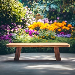 Fototapeta premium light brown oak table with delicate clean pattern is placed in front of bright flower garden background. Photographed outdoors on sunny day to showcase organic products and natural design theme.