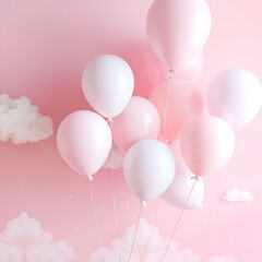 Colorful balloons on nice pink cloud background in pastel colors.