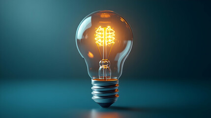 Glowing Lightbulb with Brain Shaped Filament on Teal Background