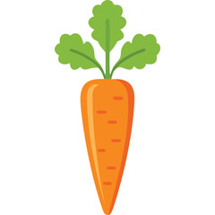 Single orange carrot with green leaves, simple flat design, vector illustration.