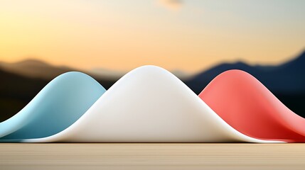 Three soft, rippled forms cascade against a blurred mountain backdrop, on a light surface