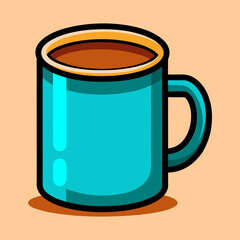 Stylized blue coffee mug filled with dark liquid, with a drop shadow