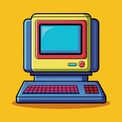 Retro Cartoon Computer with Monitor and Keyboard on a Solid Yellow Background