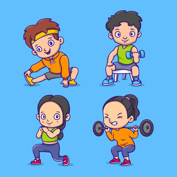 Cute cartoon character doing different fitness exercises