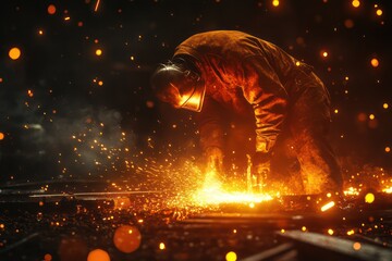 Blacksmith working metal over forge