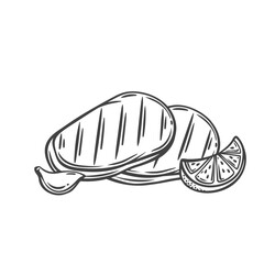 Grilled meat steak two slices line icon. Outline hand drawn sketch of meat cuts with grill stripes, wedge of lemon and garlic. BBQ food, restaurant menu mascot, barbecue steak icon vector illustration