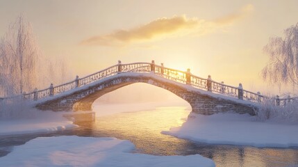 Fototapeta premium Snowy winter sunrise over a stone bridge over a frozen river
